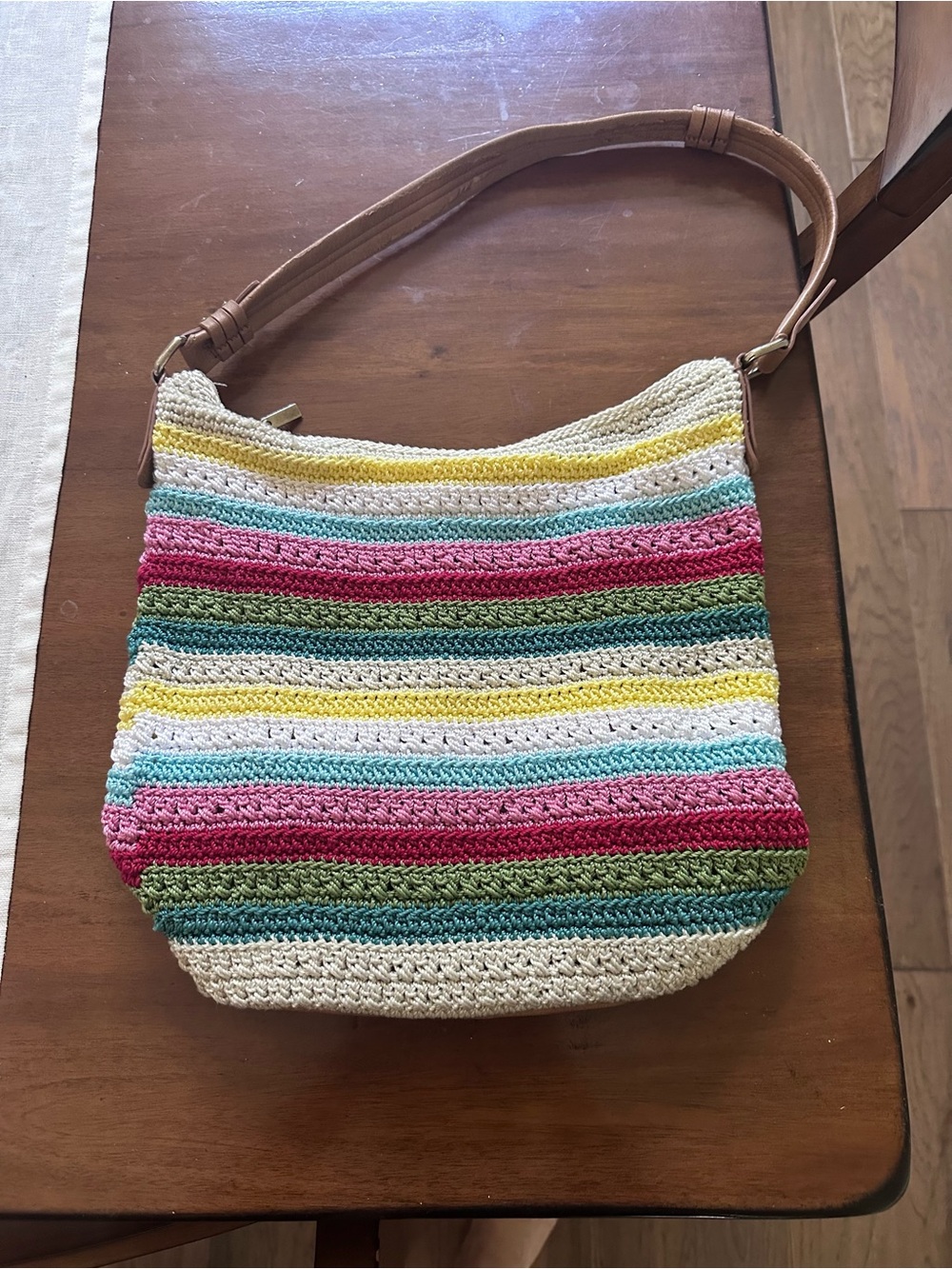 The Sak Multicolor Crochet Shoulder Bag with Tan Leather Strap